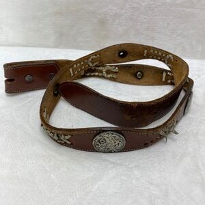 VTG Distressed Brown Leather Western Concho Belt Whipstitch Lacing No Buckle
